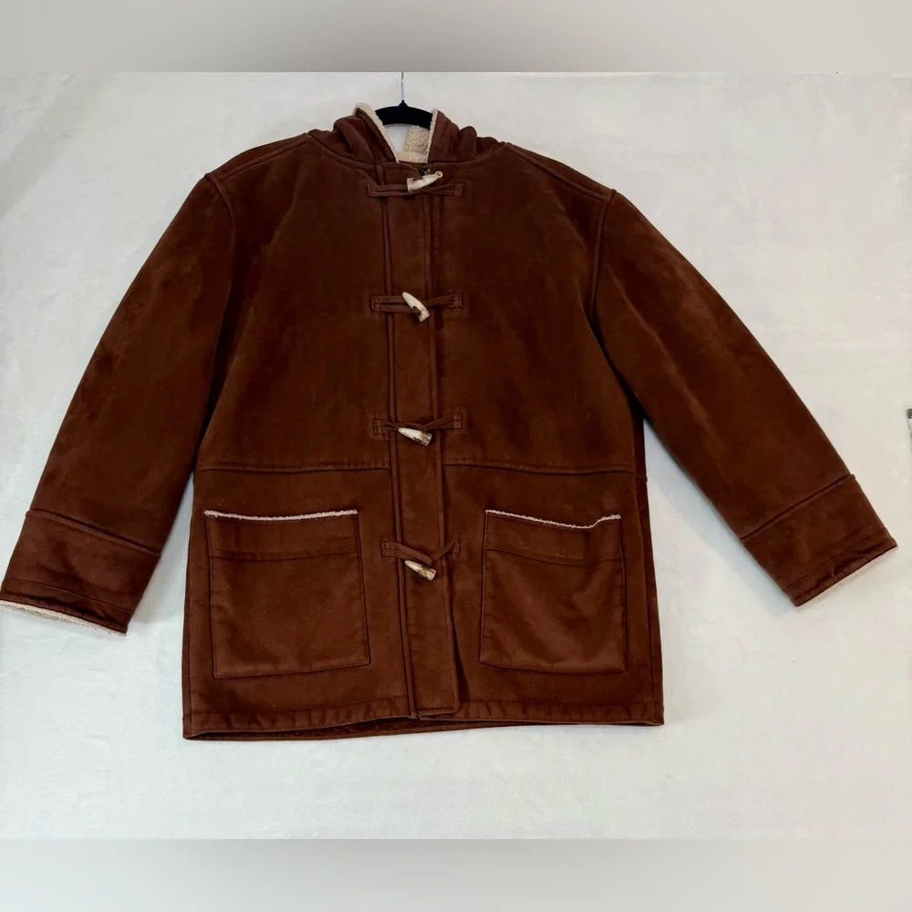Ralph Lauren Duffle Coat Petite Medium Brown Faux Suede Sherpa Lined Hood Toggl